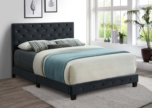 Modern Velvet Upholstered Bedframe with Nailhead & Rhinestone Details