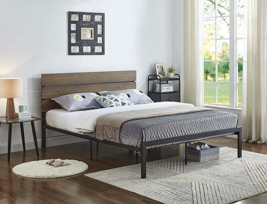 Modern Metal Bed Frame Made from Solid Steel and Wood Panels for Headboard
