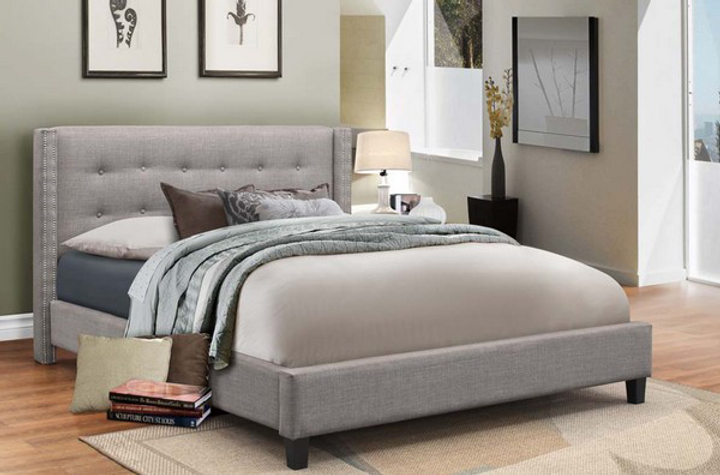 Grey Linen Fabric Bed with Nailhead  Detail