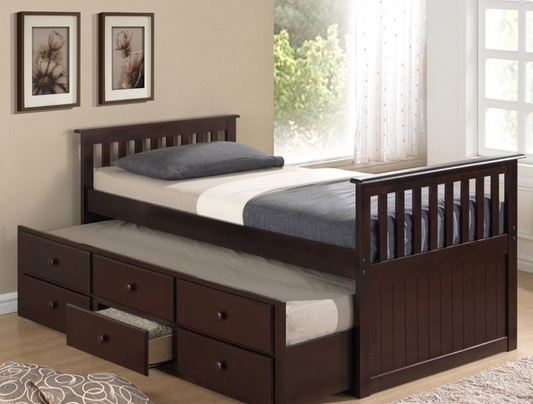 Single Size Wood Captain's Bed with Single Size Trundle Bed