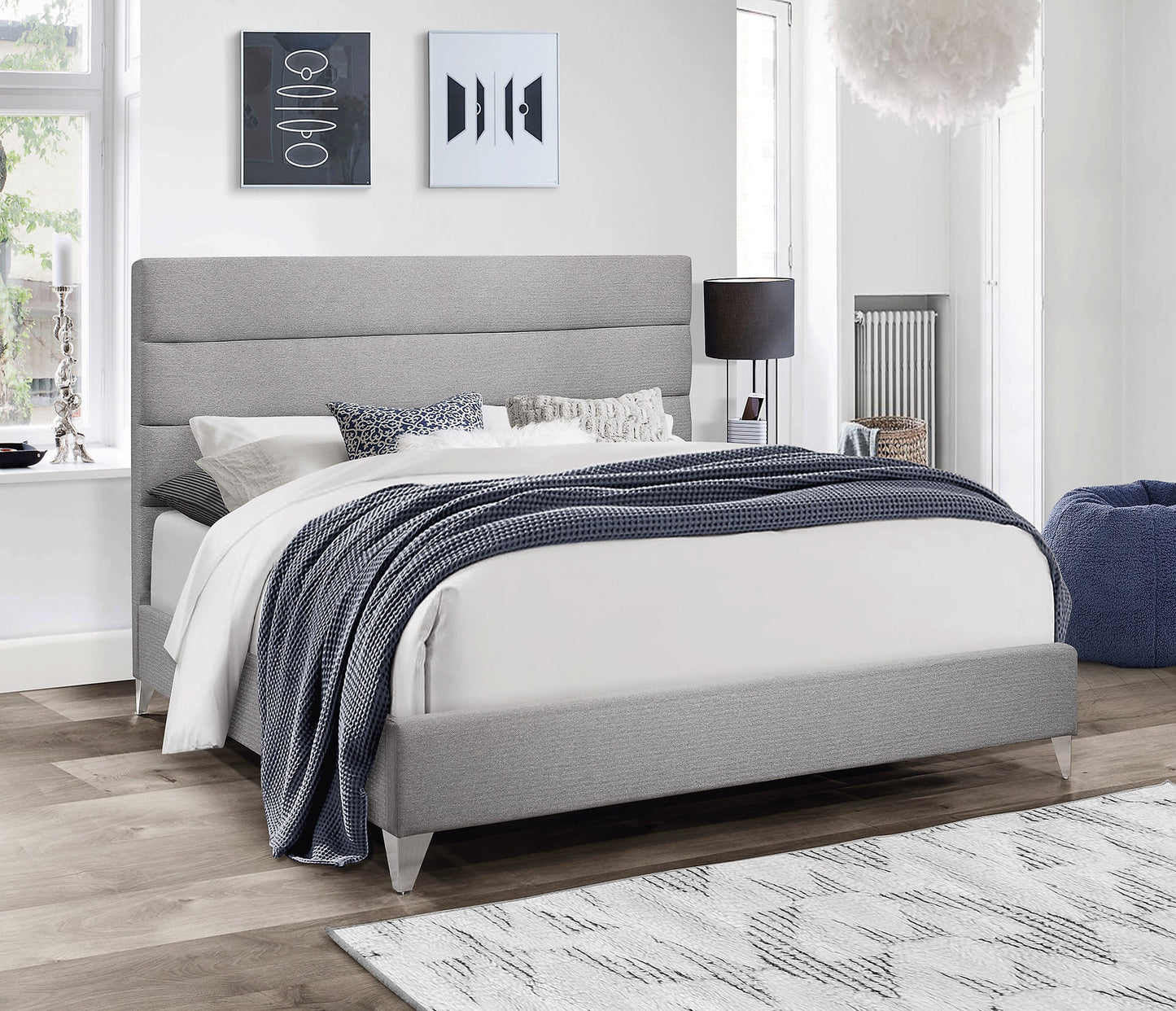 Upholstered Bed Frame with Horizontal Deep Tufted Panels & Chrome Legs