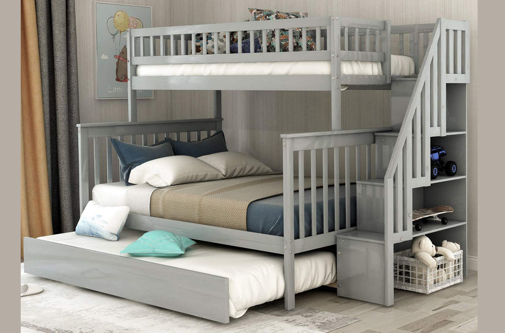 Twin over Double Bunk Bed with Storage and Built in Staircase