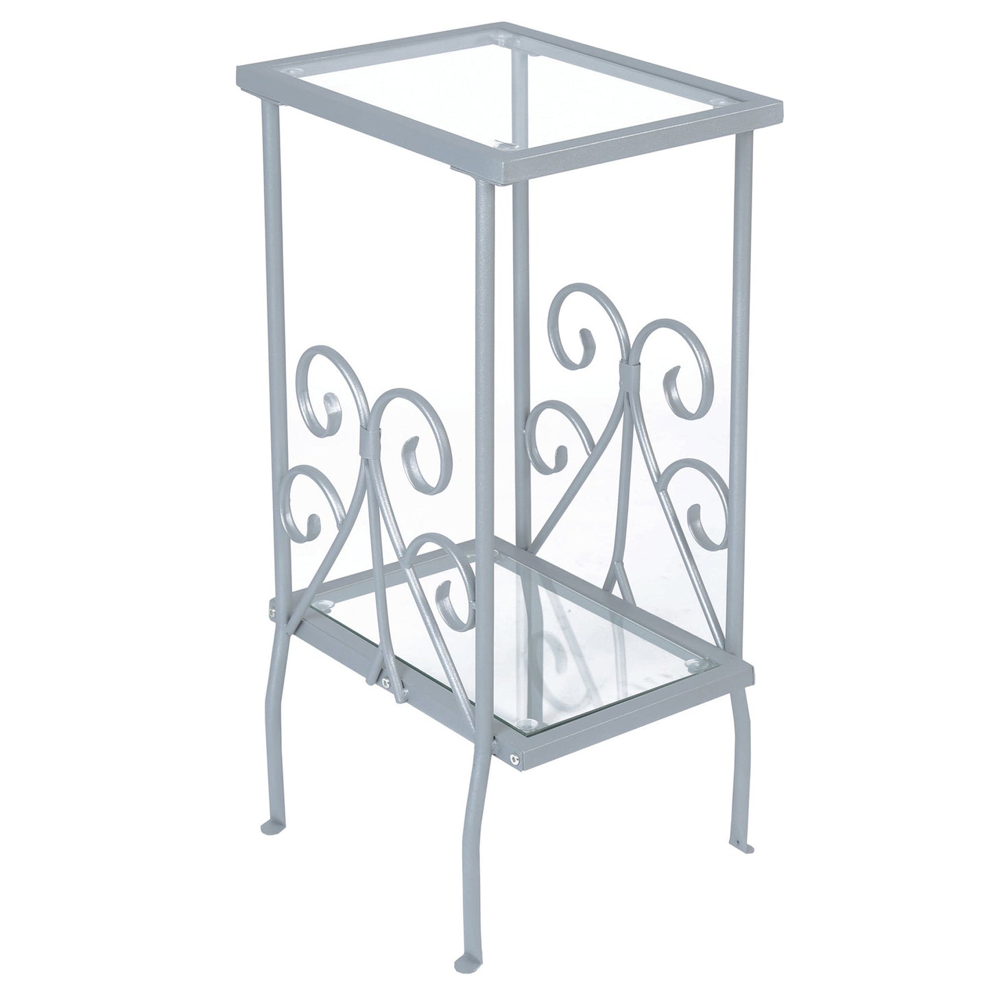 19"L/30”H Transitional Silver Metal End Table with Tempered Glass