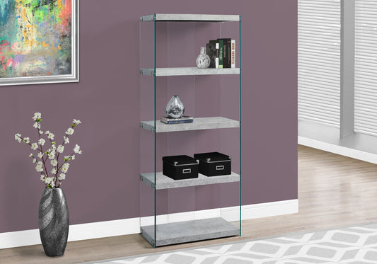 Contemporary 60"H 4 Shelf Glass Etagere Bookcase in Grey Cement Finish