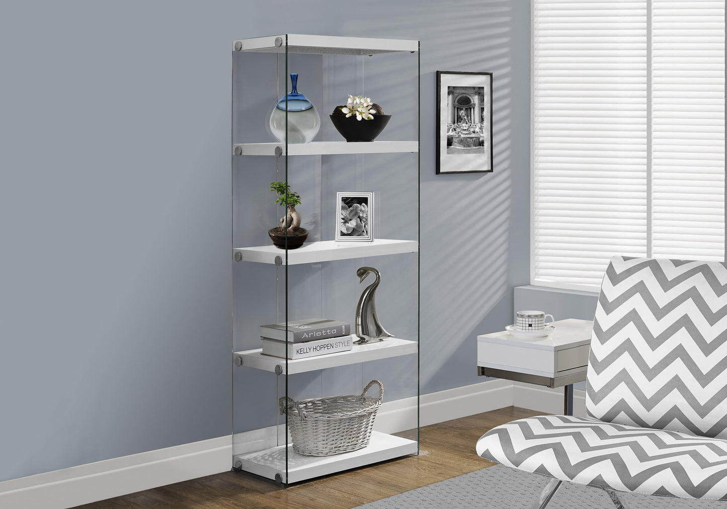 Contemporary 60"H 4 Shelf Glass Etagere Bookcase in Glossy White Finish
