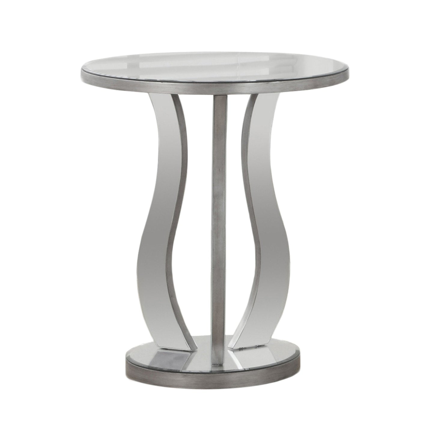 20"Dia Eucalyptus Wood Mirrored Bedroom Accent Table in Brushed Silver
