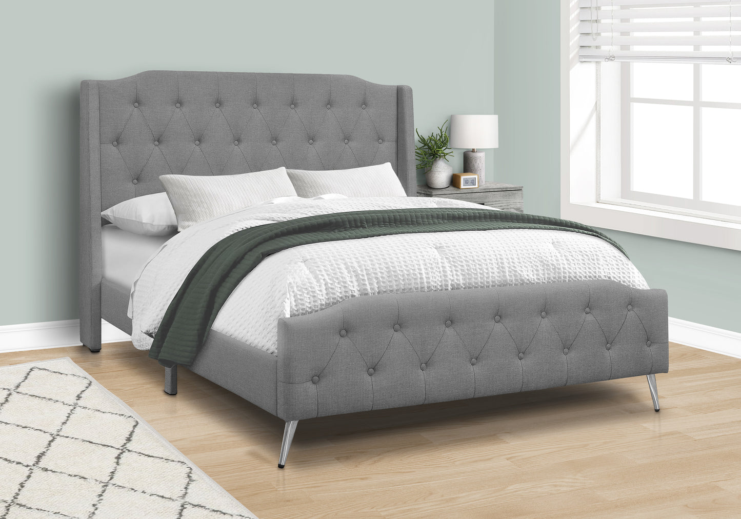Transitional Grey Linen Bedframe with Wingback Headboard