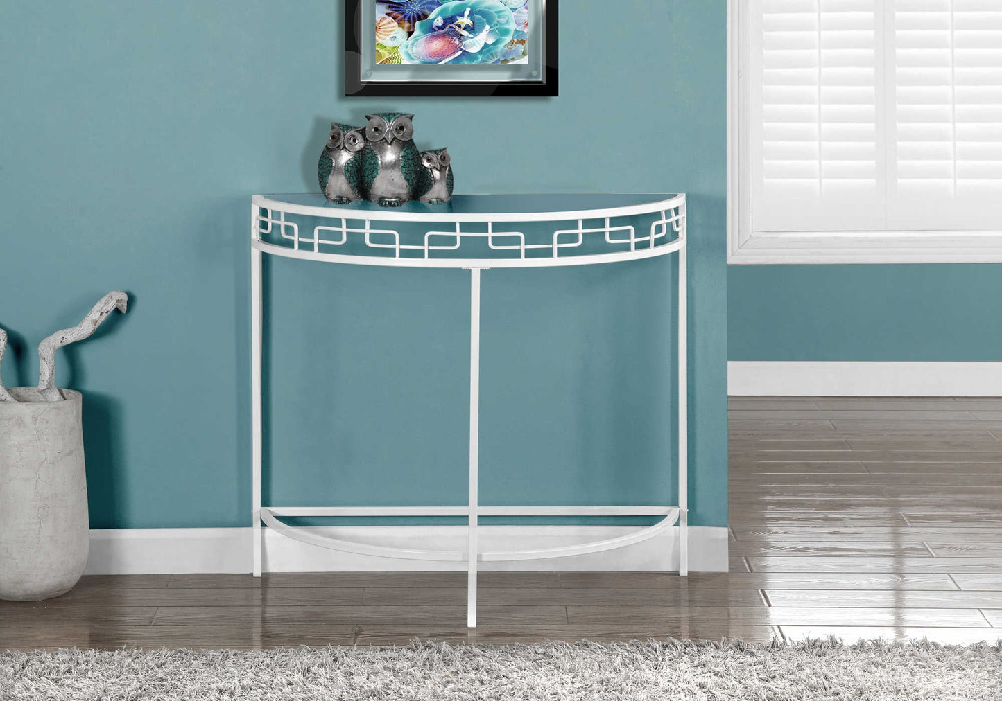 36"L White Metal Frame Glass Top Bedroom Accent Hall Console Table
