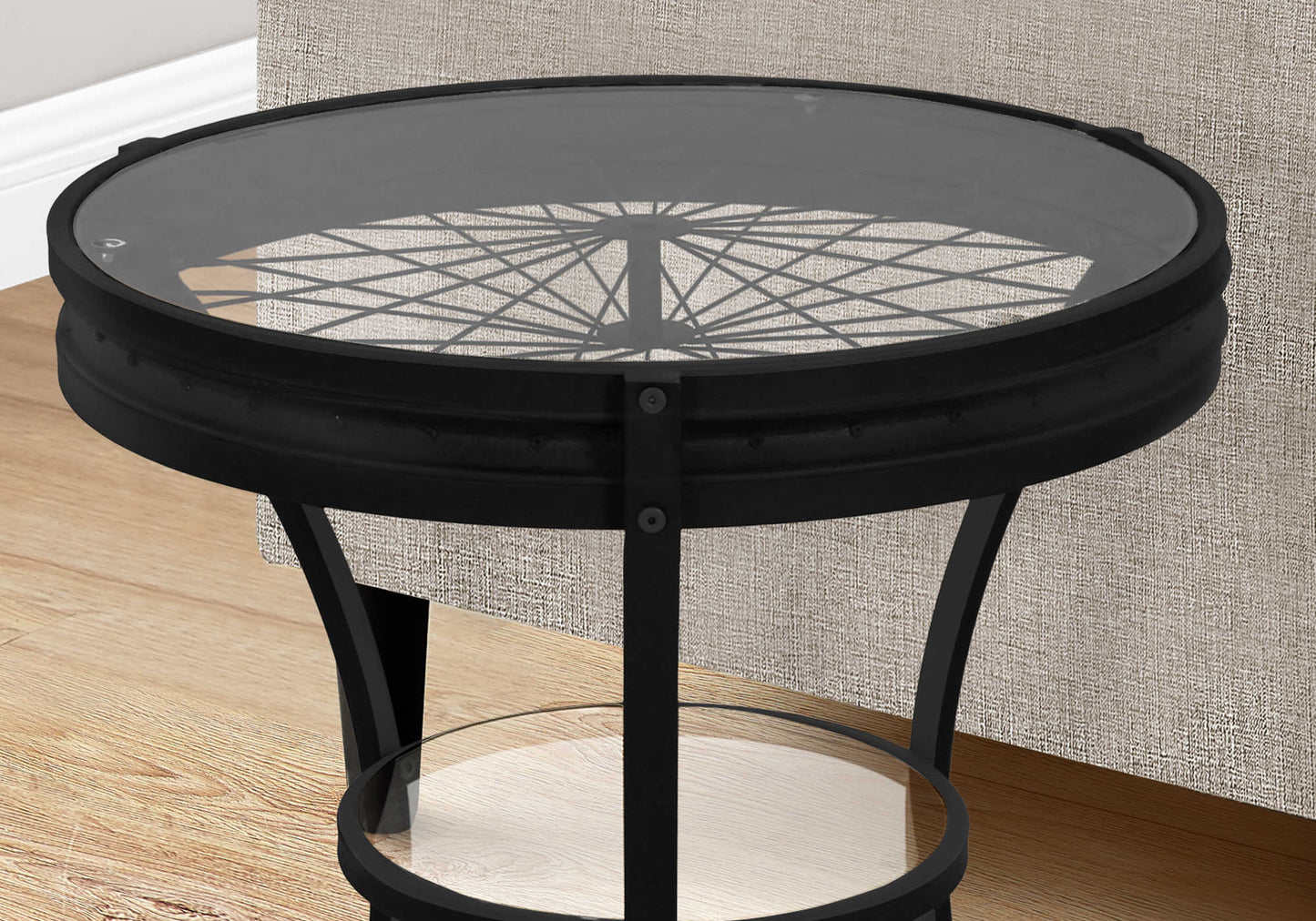 22"Dia/24"H Transitional Metal Bedroom Accent Table with Glass Top