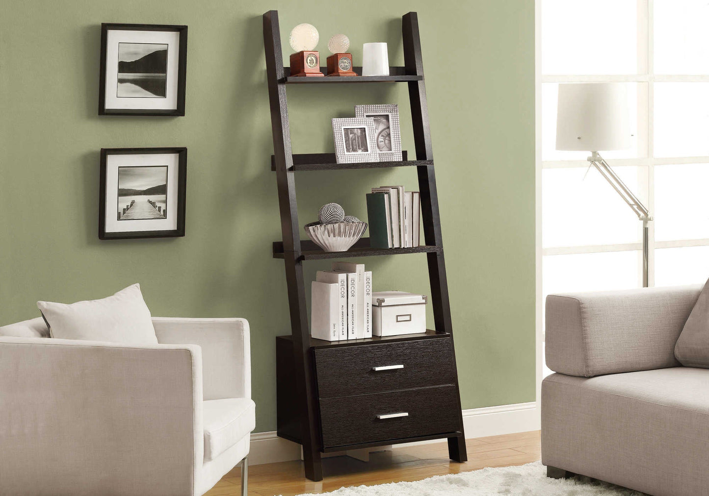 69"H Ladder Style Bedroom Bookcase With 2 Storage Drawer