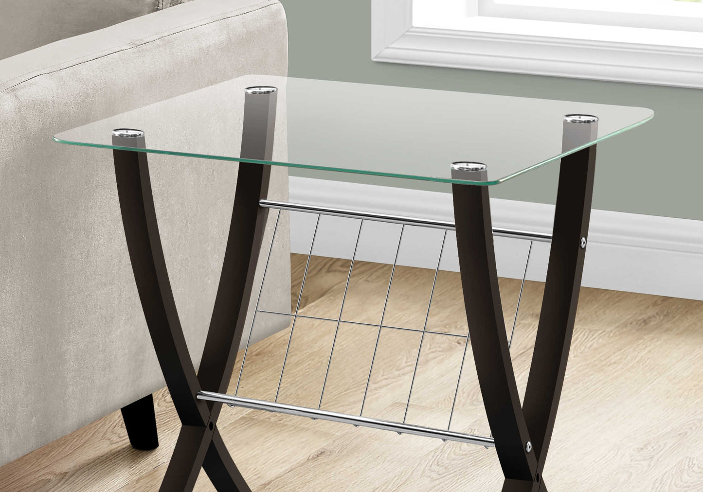 23.75 L/21.5 H Transitional Wood End Table with Wire Magazine Rack.