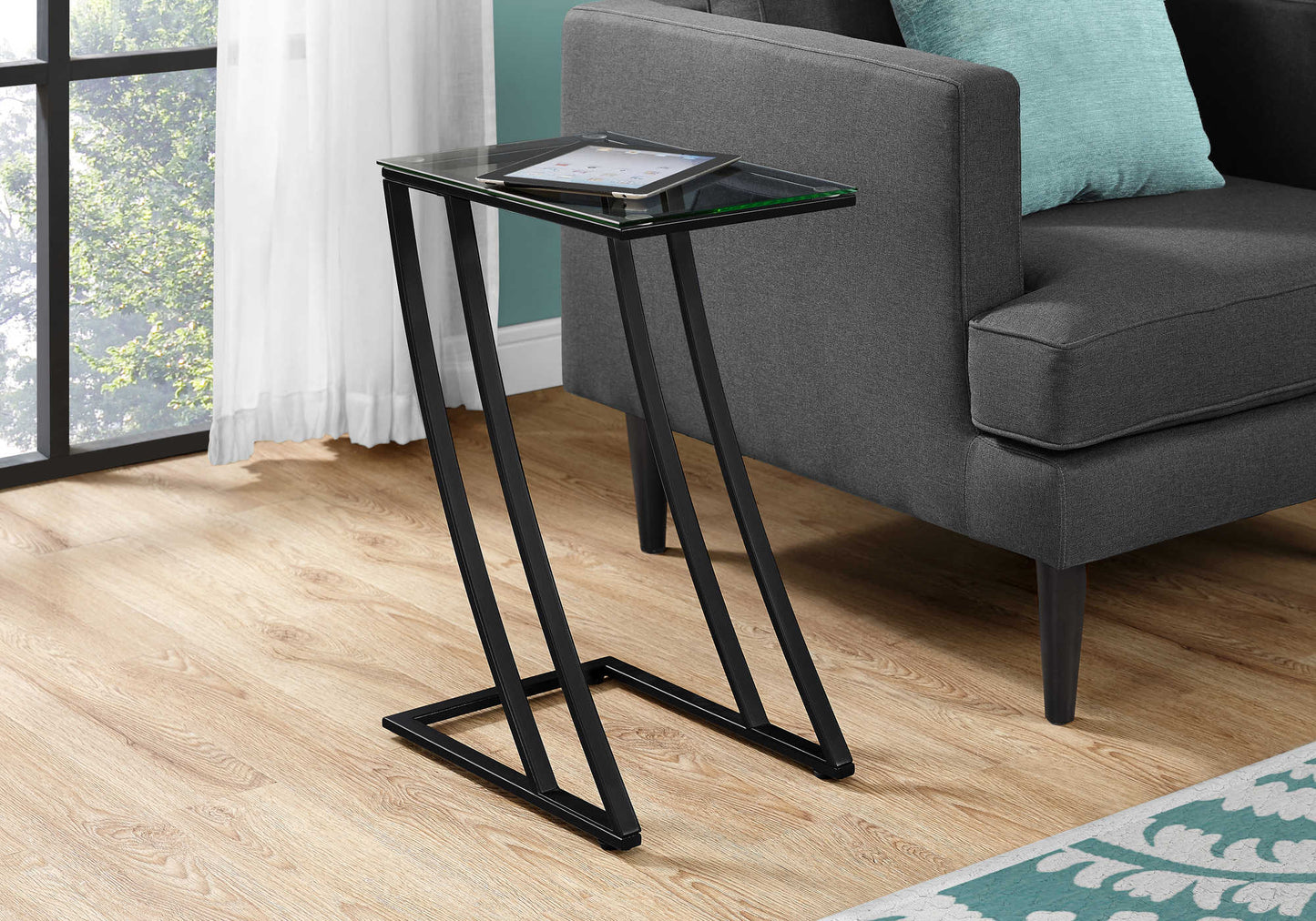 12”L/24”H Modern Z-Style Metal End Table with Glass Tabletop