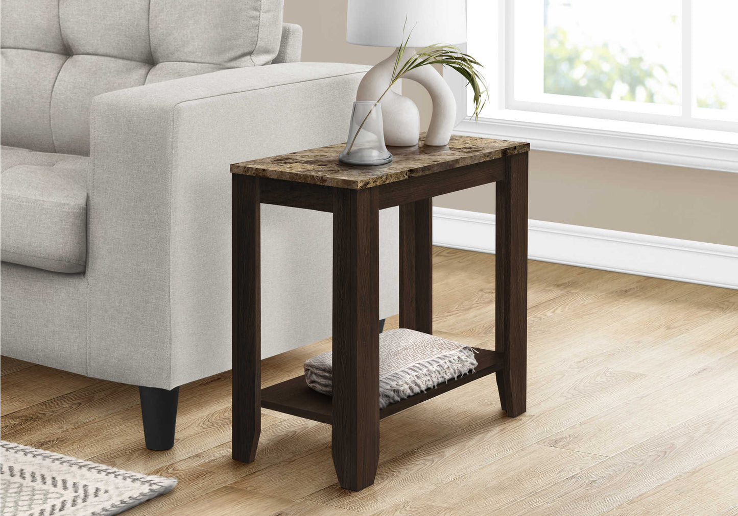 23.75” L / 21.5” H Transitional End Table with Cappuccino Marble Tabletop