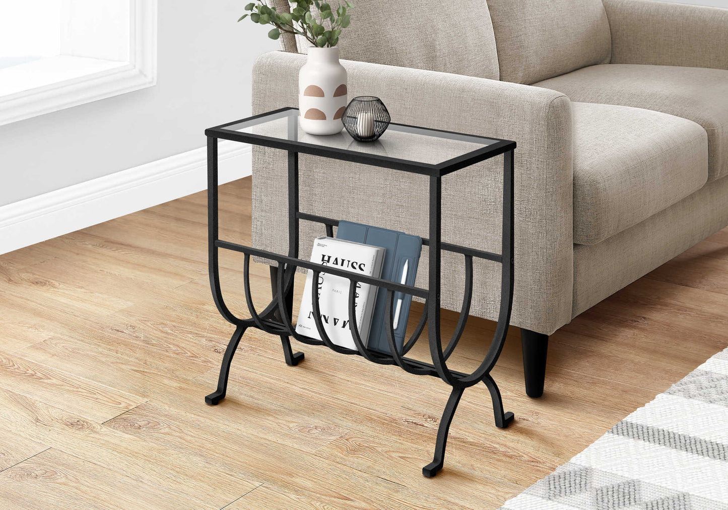 18” L/22” H Transitional Metal End Table with Magazine Rack & Glass