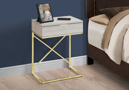 Contemporary 24"H Nightstand in Beige Marble Finish on Gold Frame