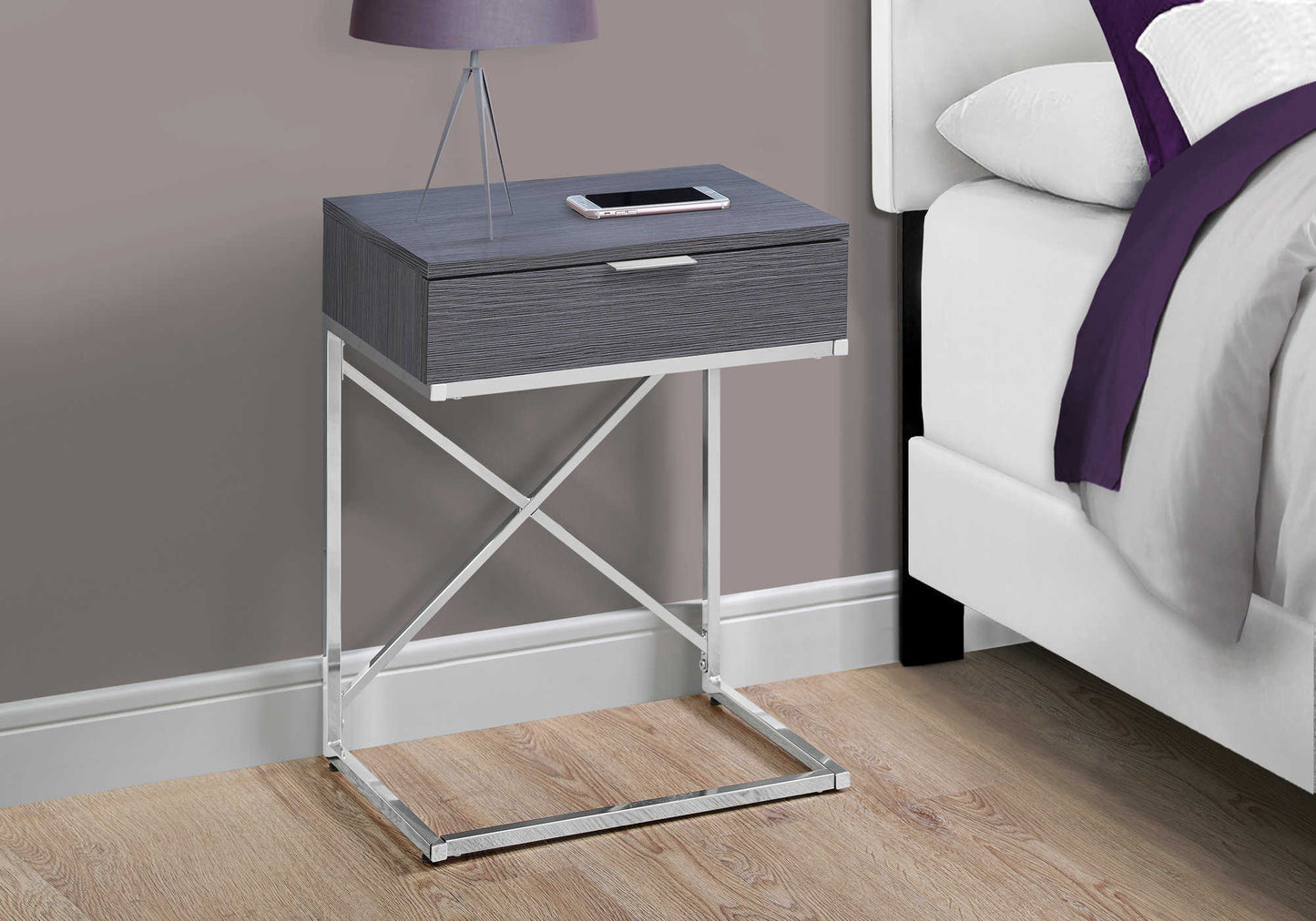 Contemporary 24"H Nightstand in Grey- Finish on Chrome Frame