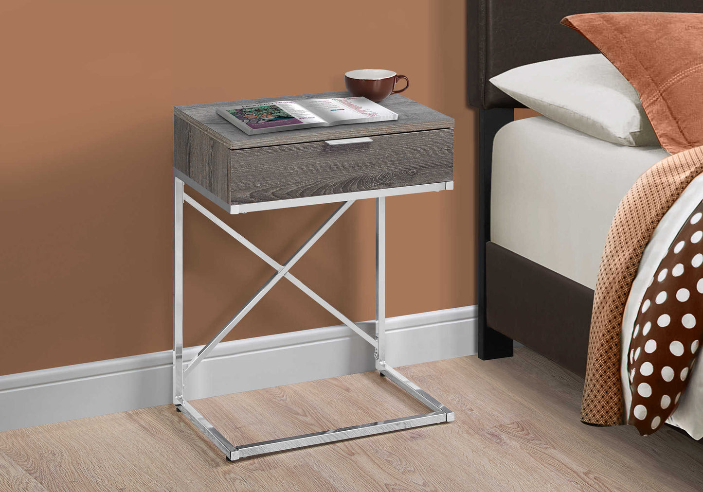 Contemporary 24"H Nightstand in Dark Taupe- Finish on Chrome Frame
