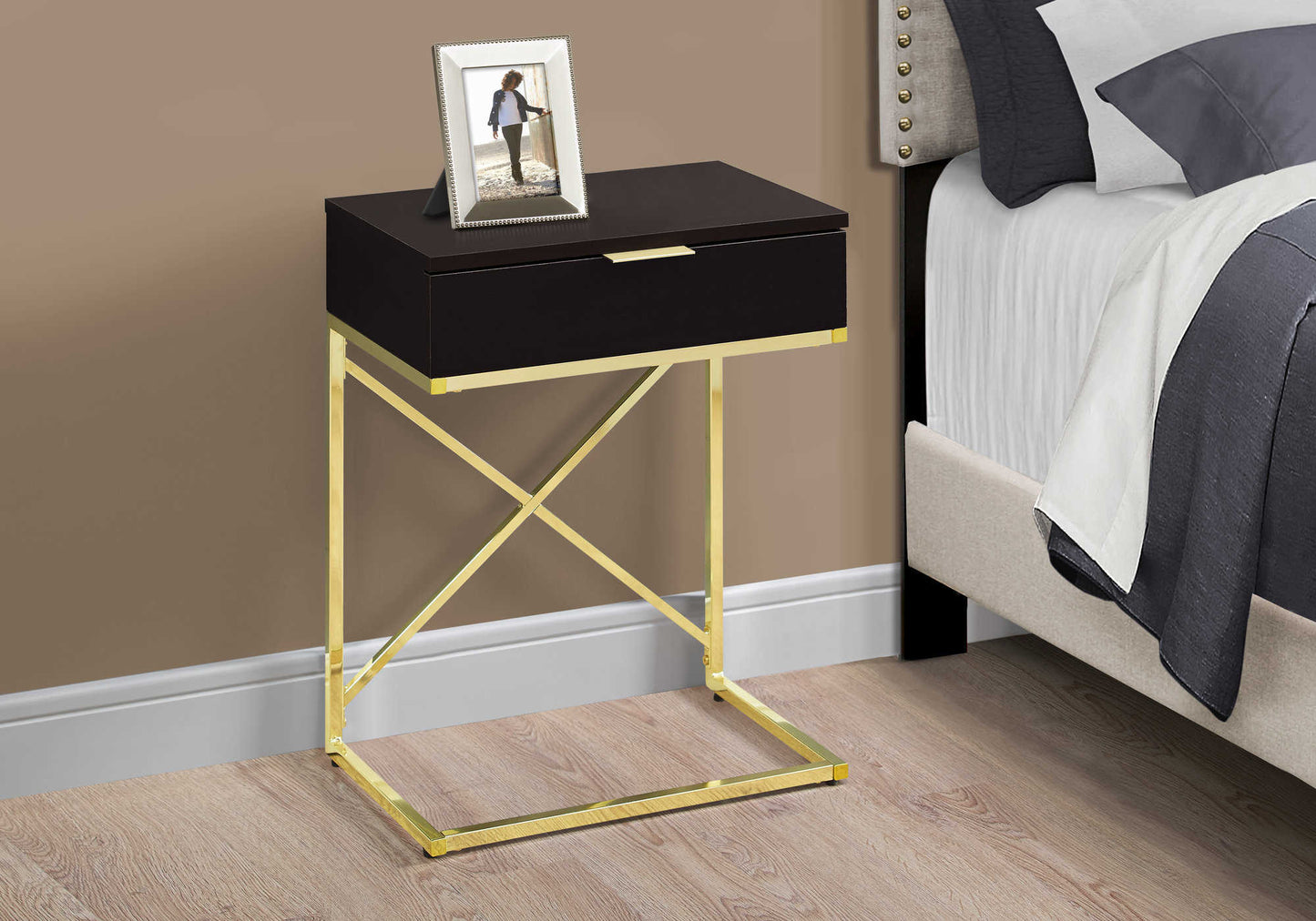 Contemporary 24"H Nightstand in Espresso- Finish on Gold Frame
