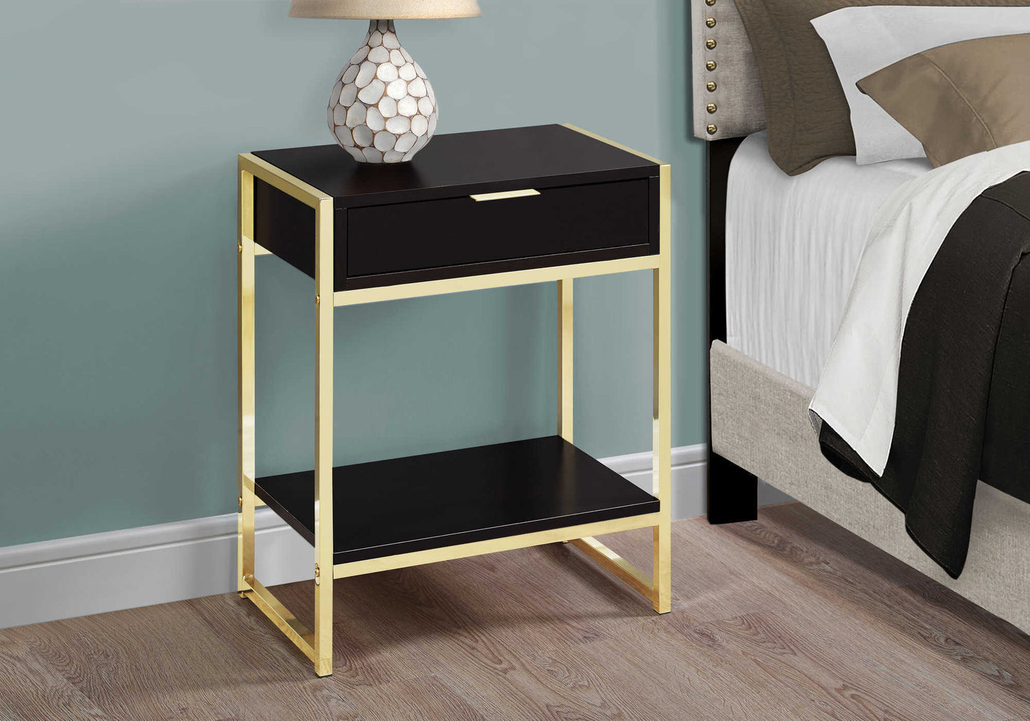 Modern 24"H Nightstand in Espresso Finish on Gold Frame