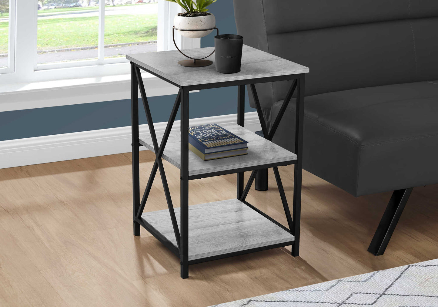 18” L / 26” H Modern Metal and Wood 3-Tier End Table.