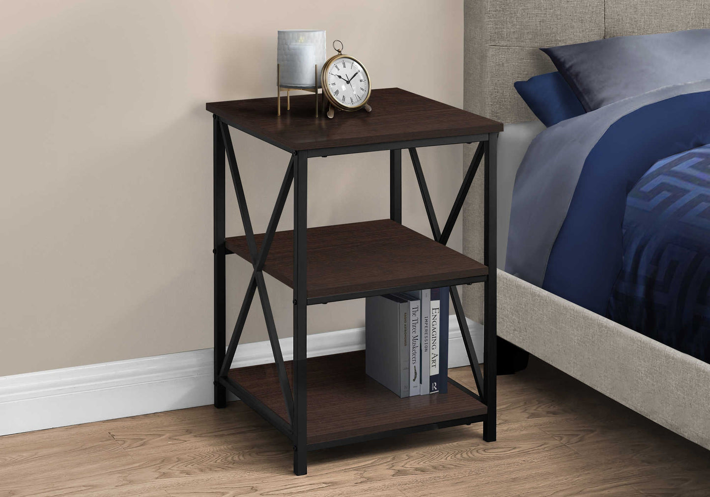 18” L / 26” H Modern Metal and Wood 3-Tier End Table.