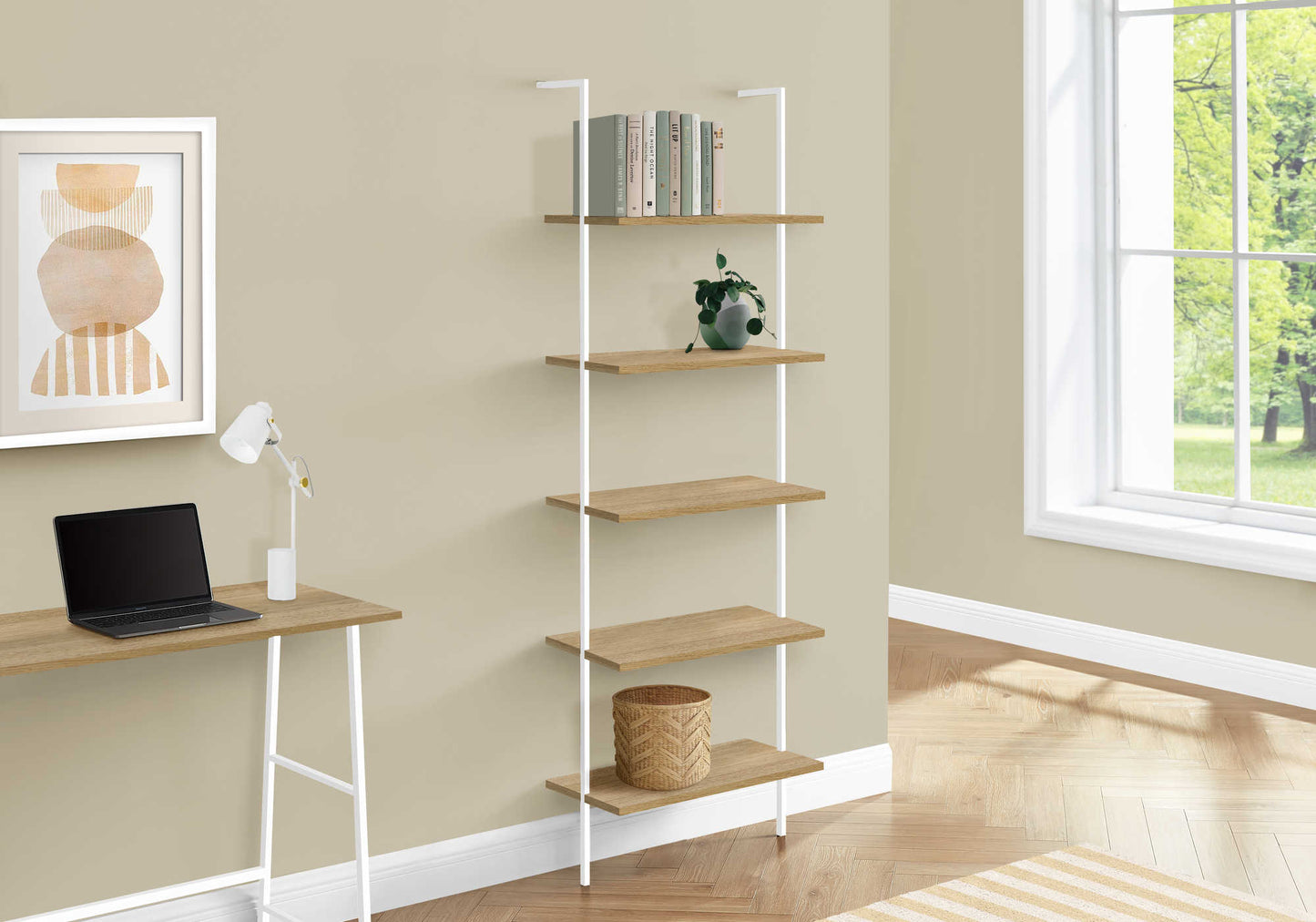 72"H Metal Ladder Style Bedroom Bookcase with Wood Shelves