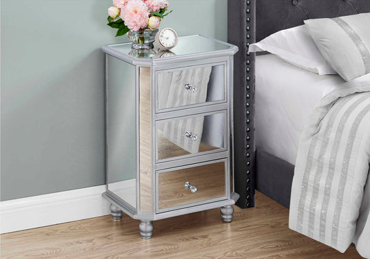Transitional Mirrored Nightstand with Brushed Silver Finish