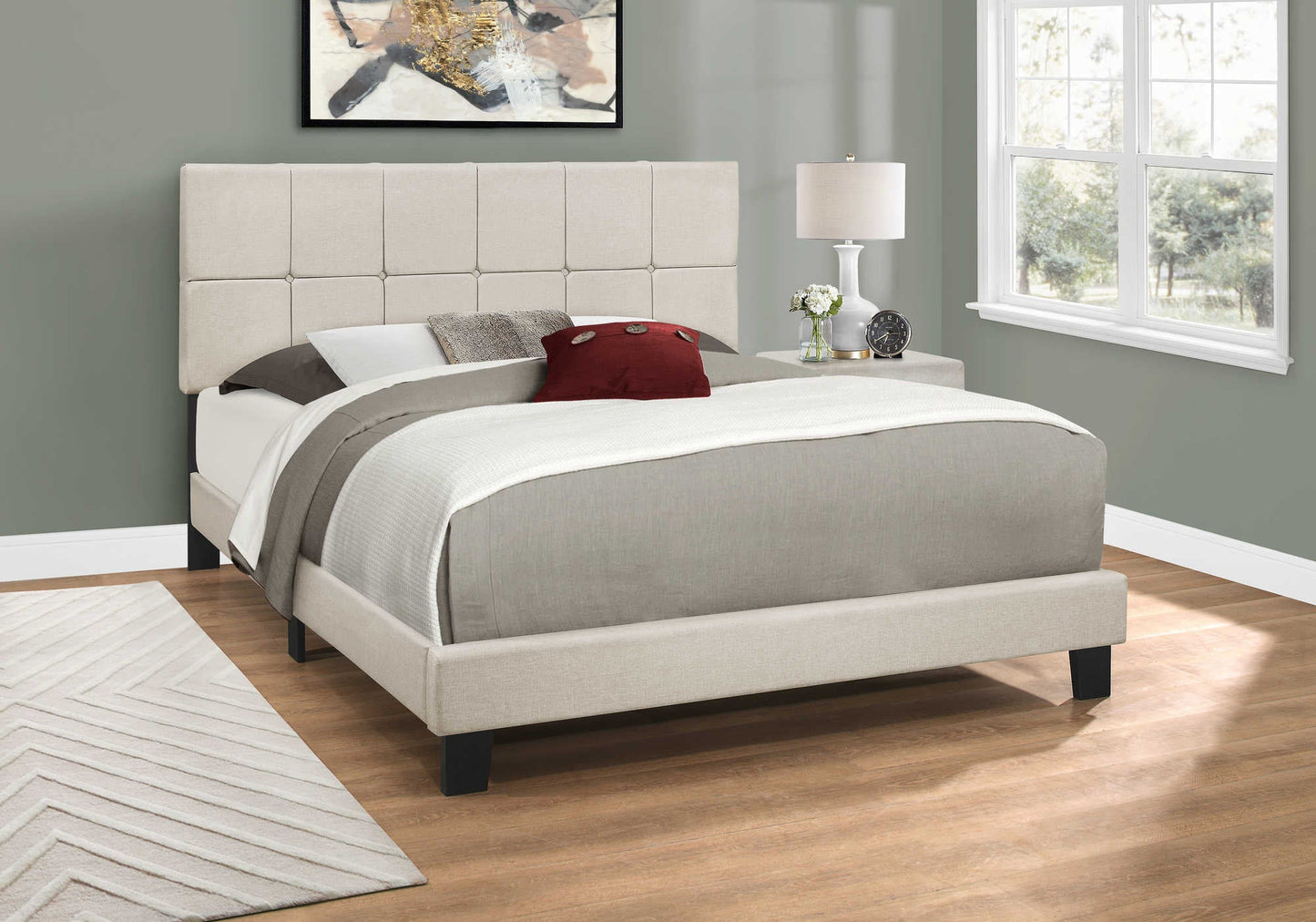Queen Size Low-profile Platform Bed in Beige Linen Upholstery