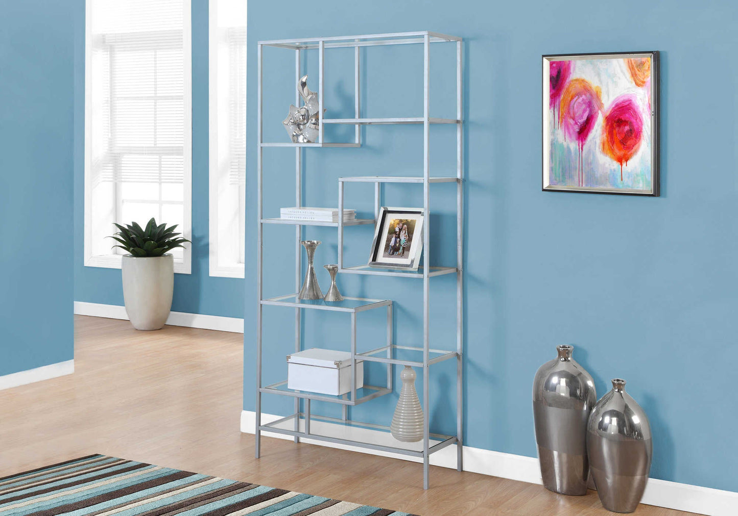 72"H Metal Bedroom Bookcase with Tempered Glass Shelfs