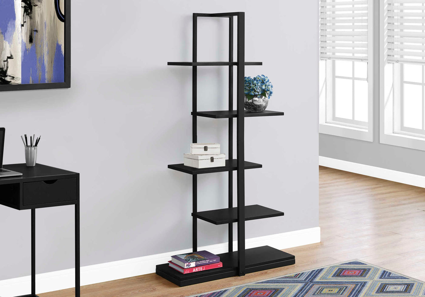 60"H Metal Bedroom Bookcase with Laminate Wood Shelves