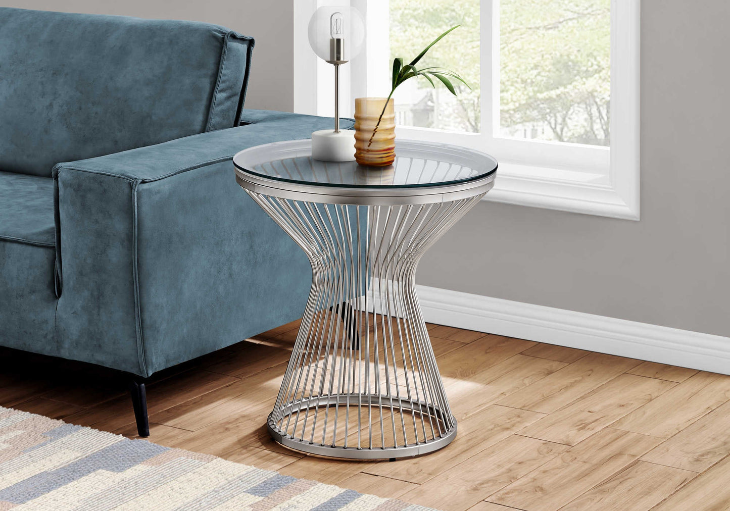 24"L/24"H Transitional Round Bedroom Accent Table with Glass Tabletop