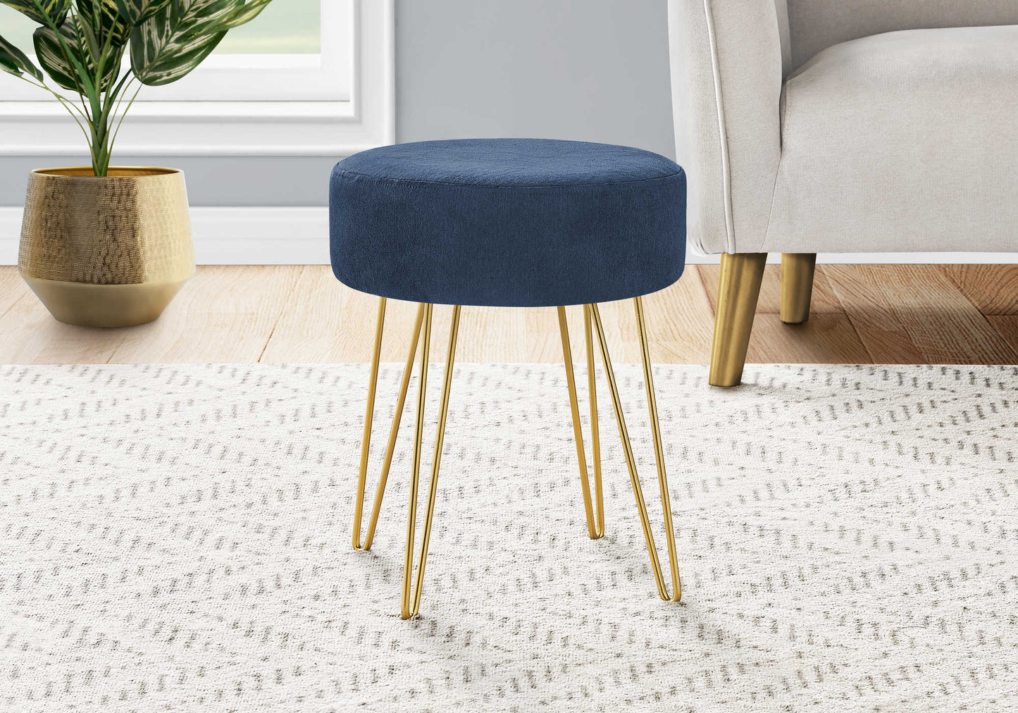 14" Round Bedroom Ottoman with Gold Hairpin Metal Legs
