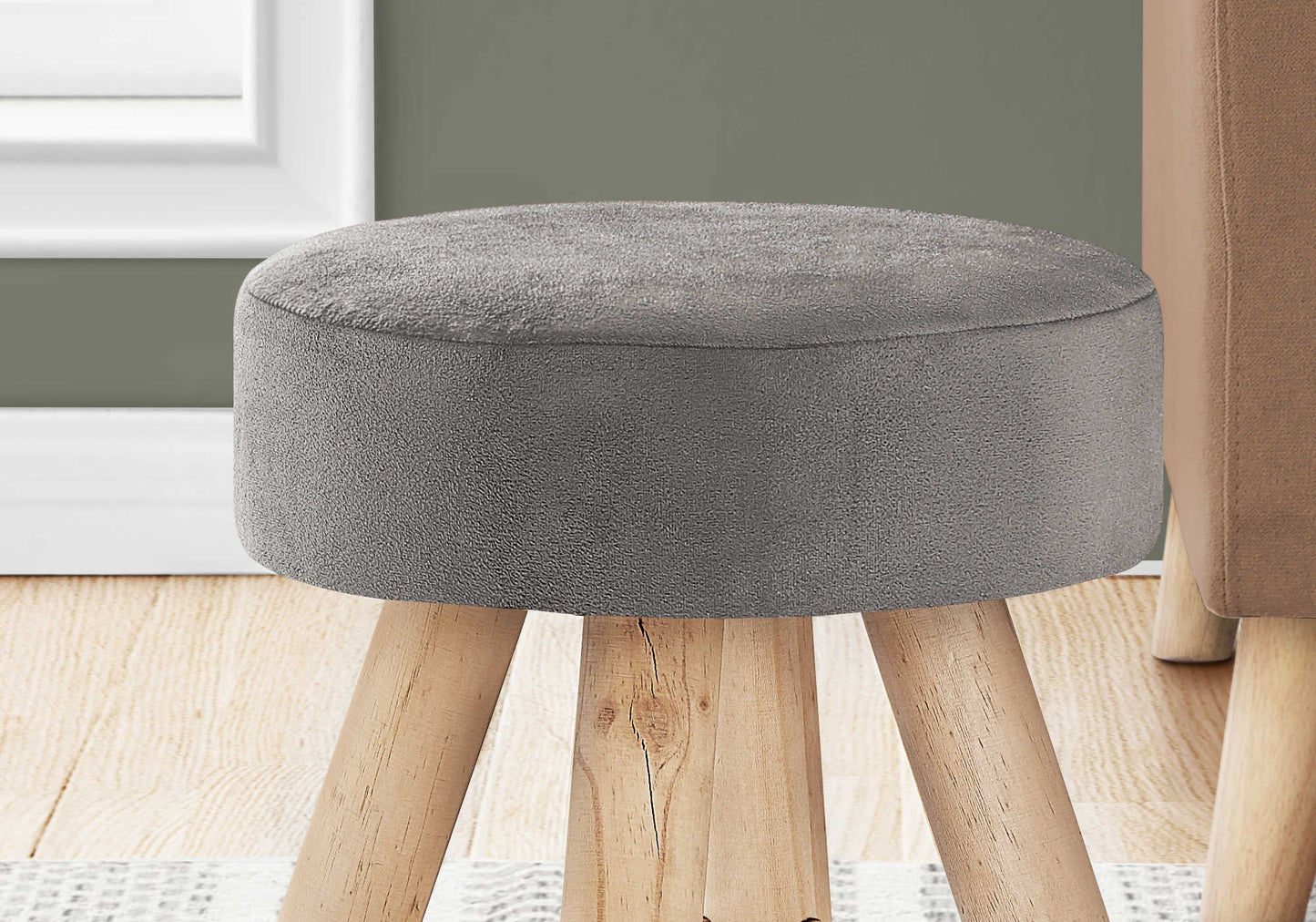 12" Round Velvet Bedroom Ottoman with Solid Natural Wood Legs