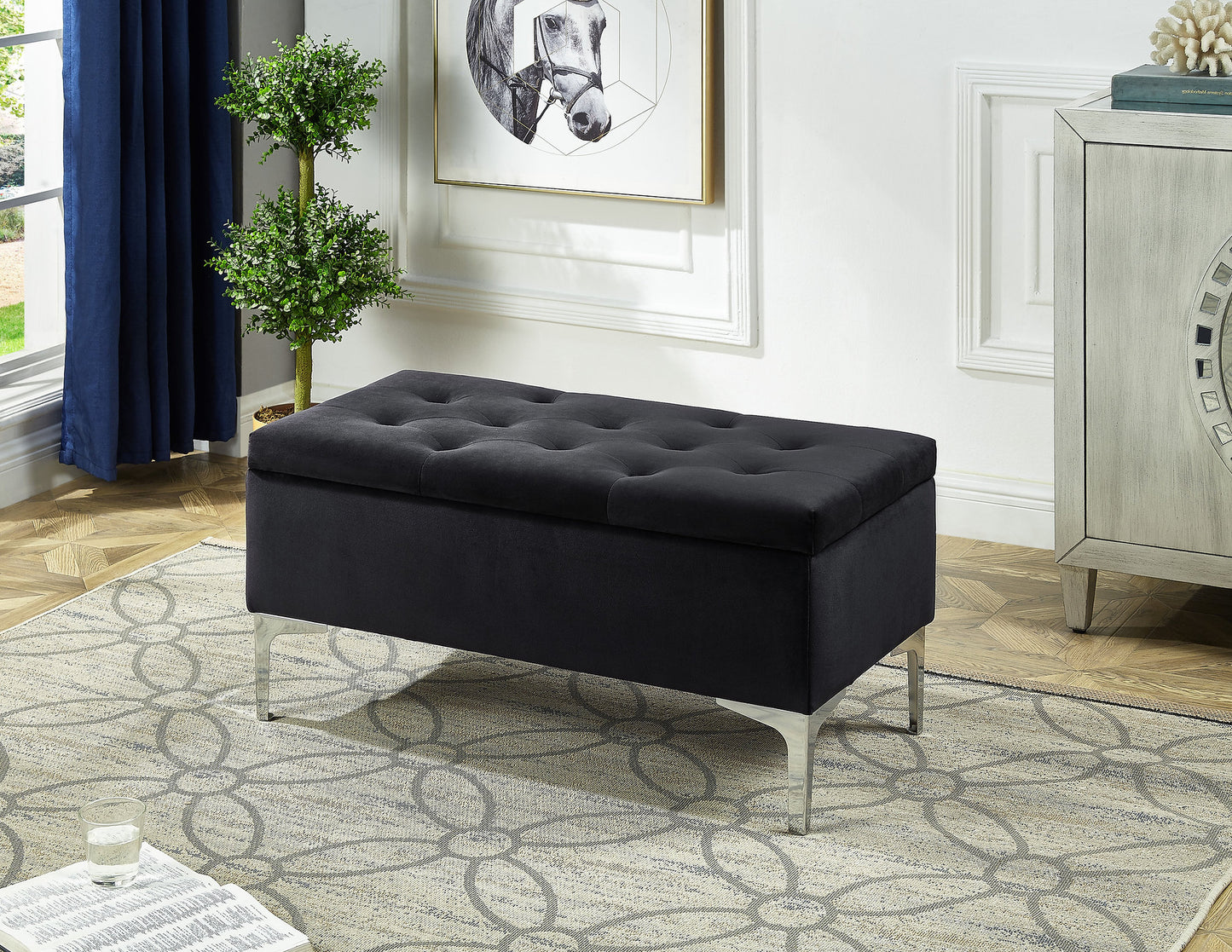 Black Velvet Storage Bench with Deep Tufting and Chrome Legs