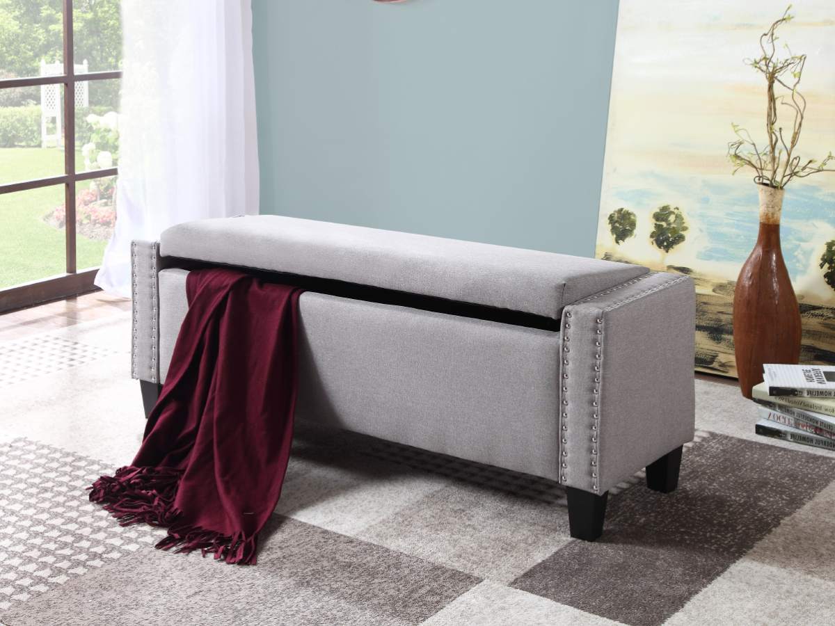 Light Grey Storage Bench With Nail Heads