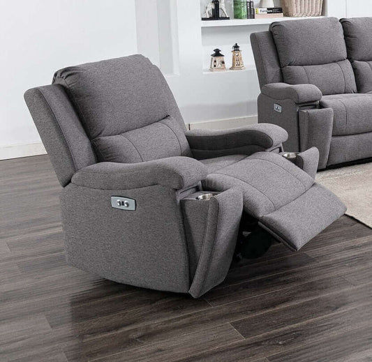 Power Recliner Chair in a Soft Grey Fabric, 2 cup holders and USB.