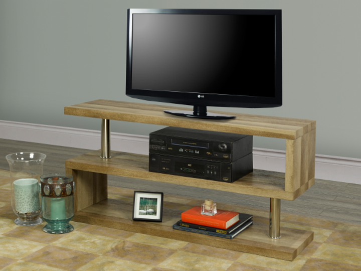 Distressed Wood Finish TV Stand with Chrome Accents