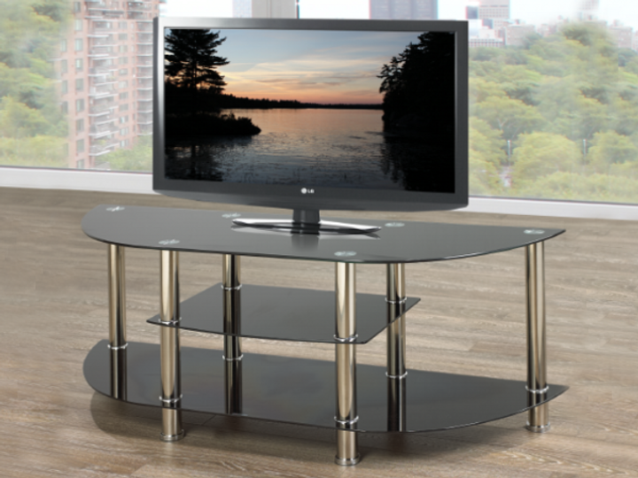 Black Curved TV Stand with Chrome Legs and 8mm Tempered Glass