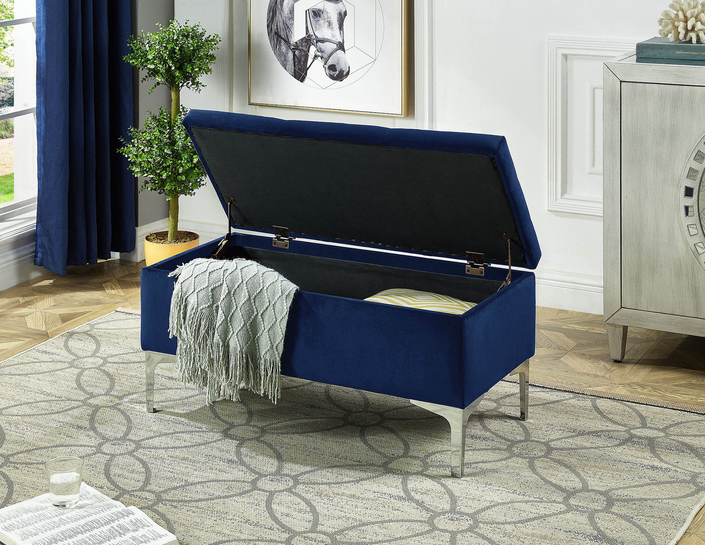 Blue Velvet Storage Bench with Deep Tufting and Chrome Legs