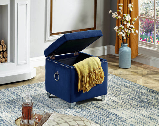 Blue Velvet Square Storage Ottoman with Deep Tufted Seat