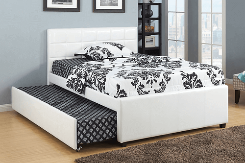 Modern Trundle Bed in White PU Leather with Tufting Details