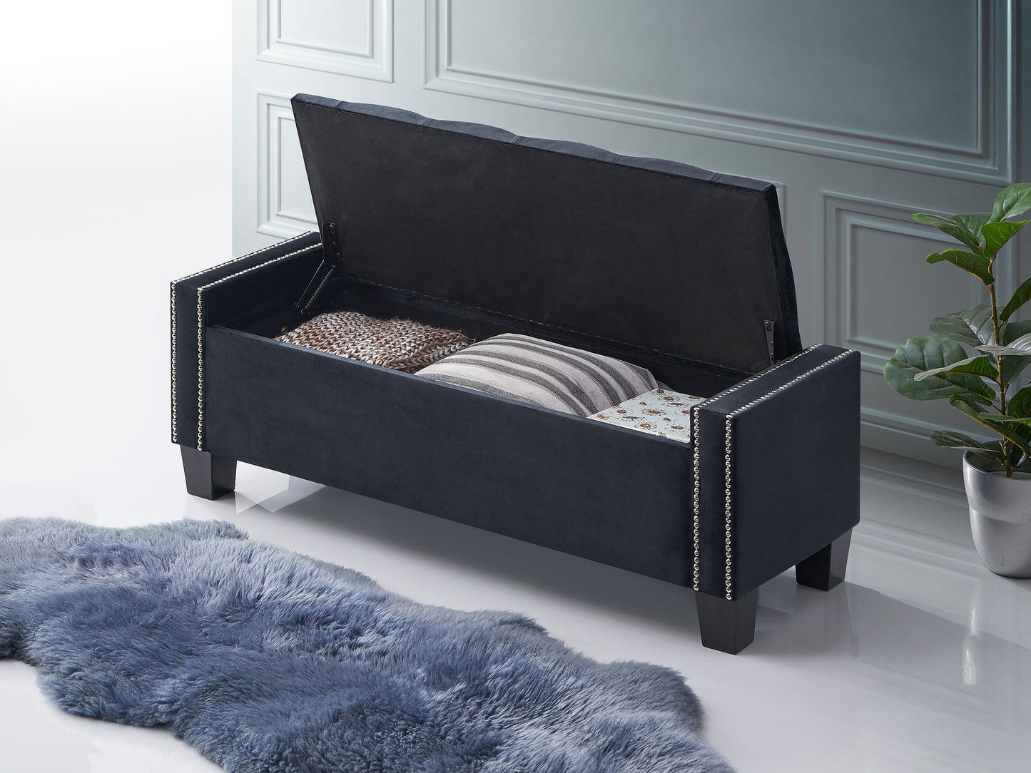 Black Velvet Storage Bench with Button Tufting & Nailhead Details