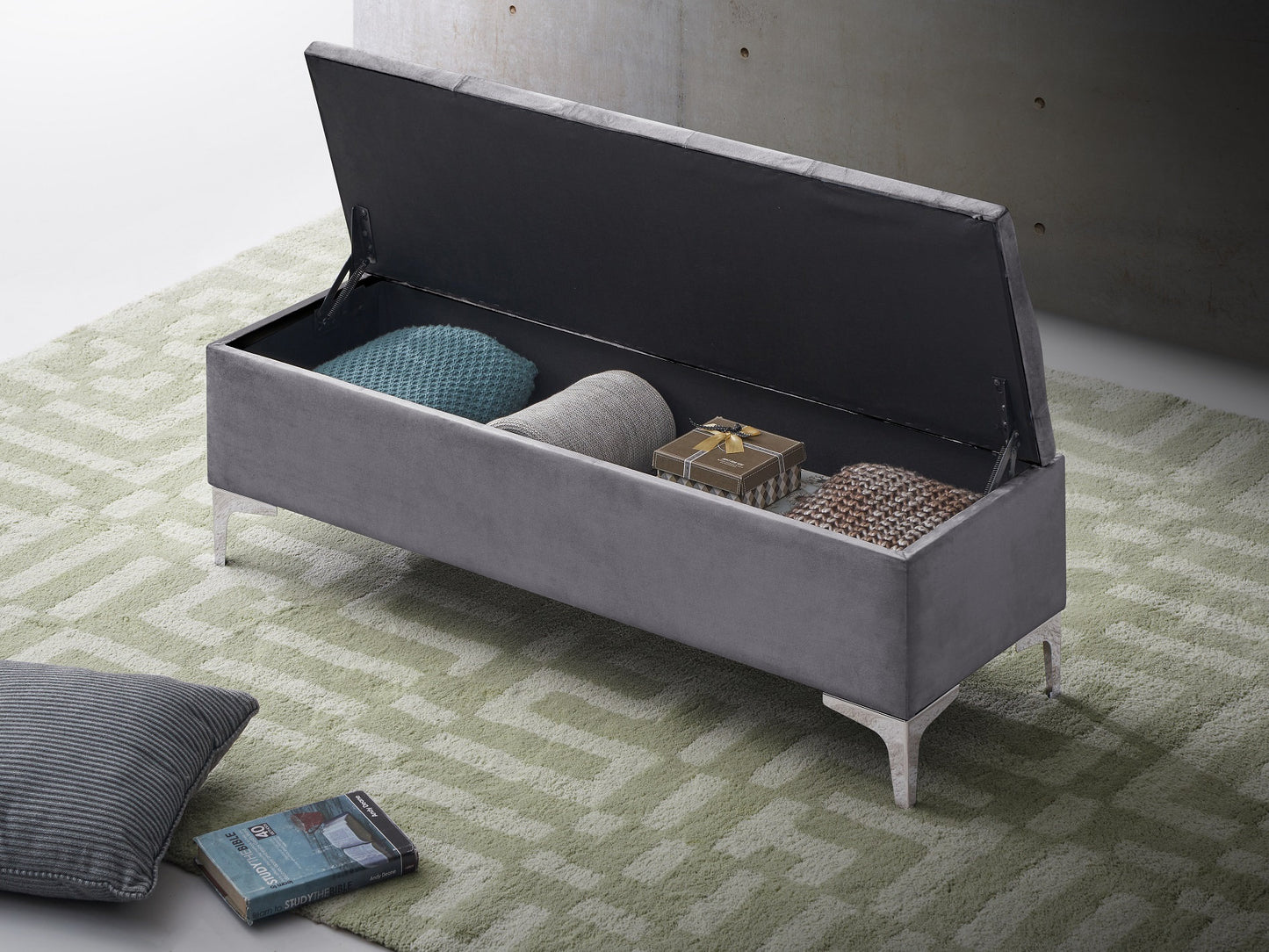 Grey Velvet Storage Bench with Button Tufting & Sleek Chrome Legs