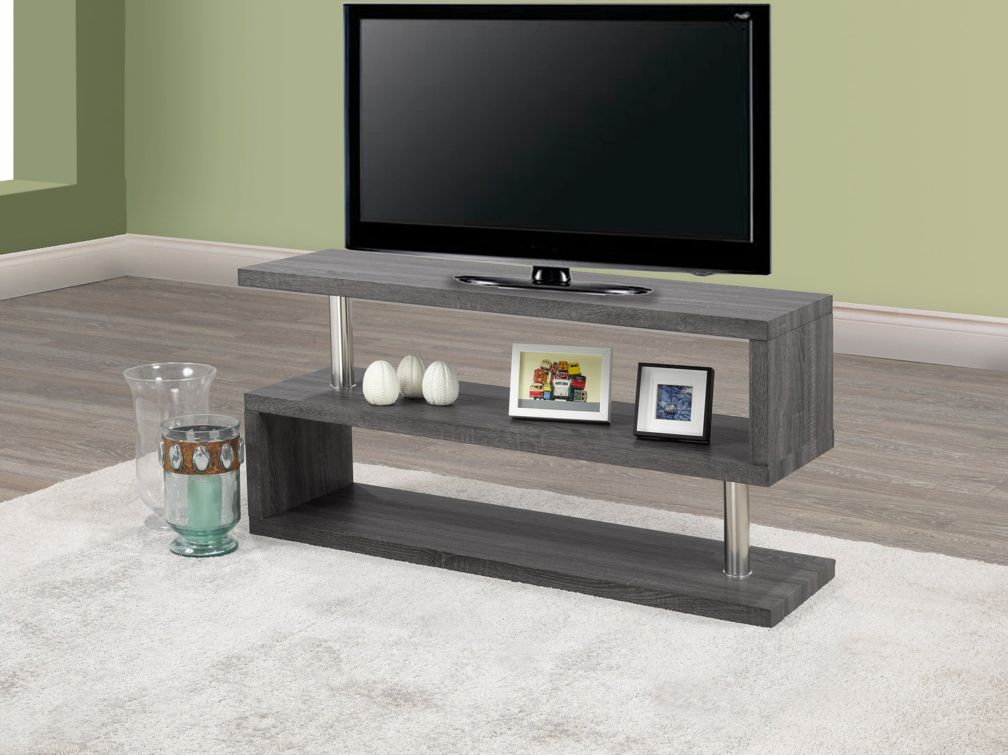 Grey Wood Finish TV Stand with Chrome Accents