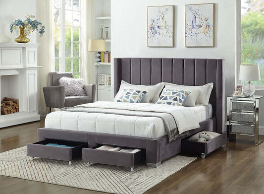 Modern Velvet Upholstered Storage Bed Frame with Wing Headboard