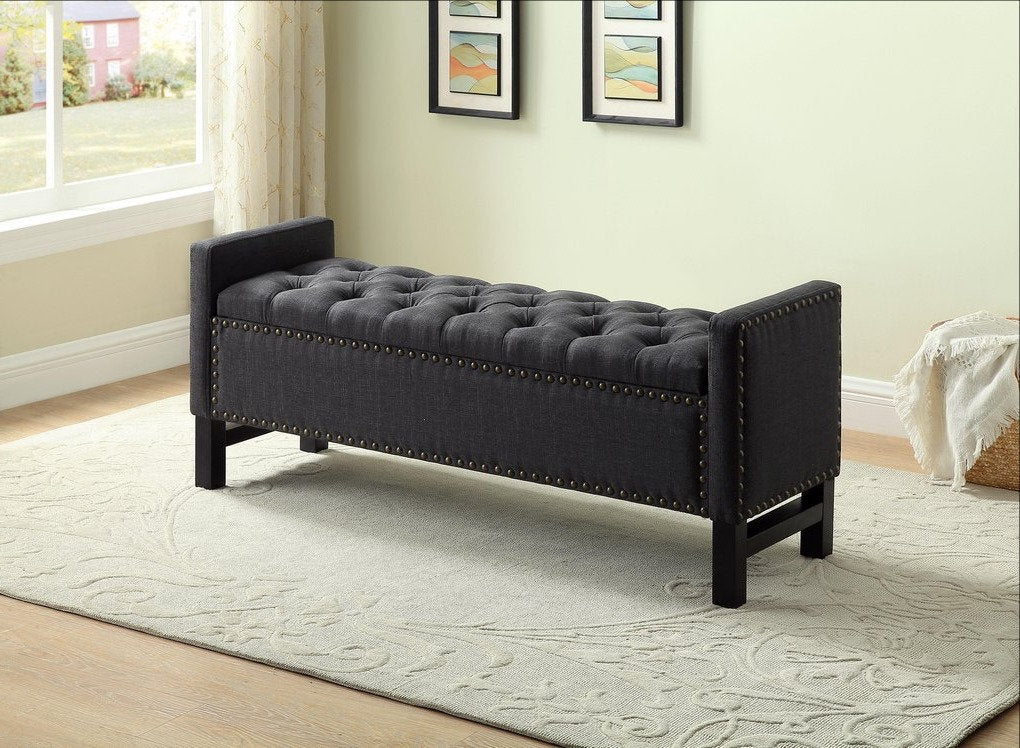 Charcoal Fabric Storage Bench with Copper Nailhead Details