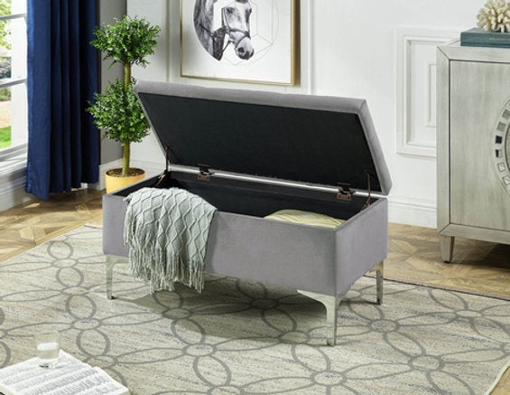 Grey Velvet Storage Bench with Deep Tufting and Chrome Legs