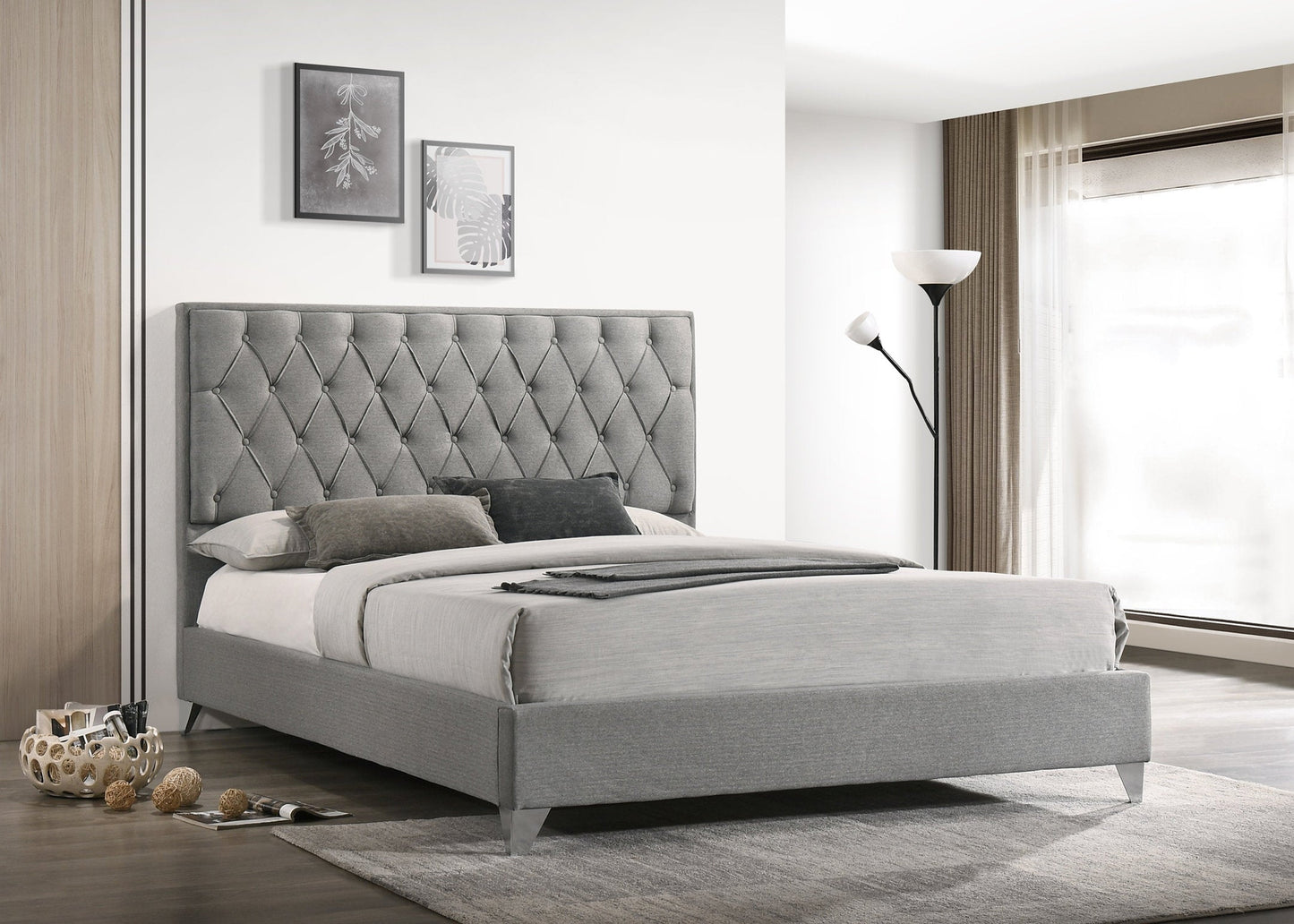 Grey Fabric or PU Leather Upholstered Platform Bed