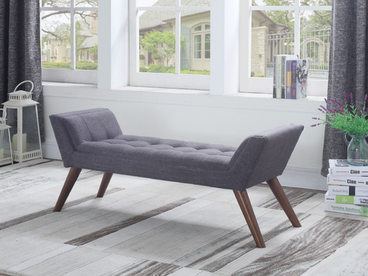 Grey Fabric Bench with Solid Round Wooden Legs and Button Tufted Seat