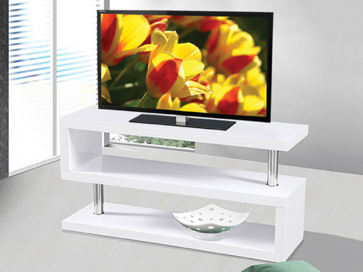 Glossy White TV Stand with Chrome Accents